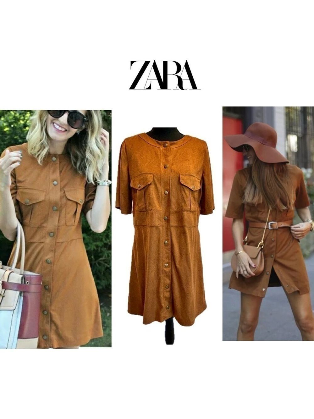Zara Camel Brown faux suede short sleeve button front mini dress L